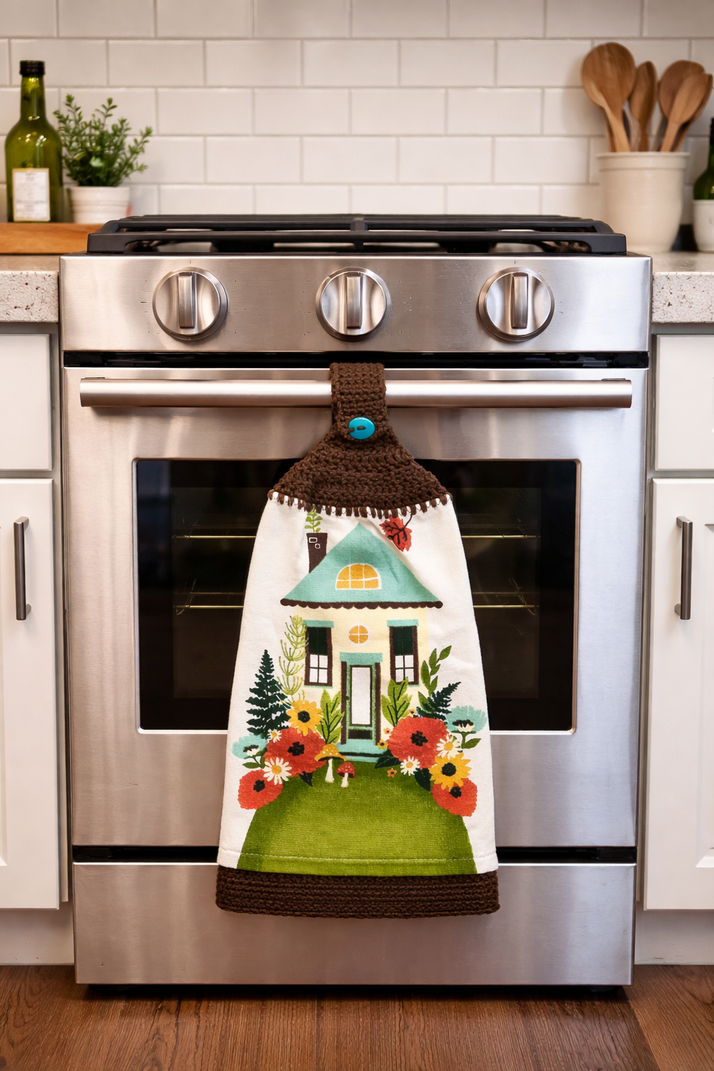 Cottage Garden Farmhouse Crochet Top Kitchen Towel – 100% Cotton Half Towel