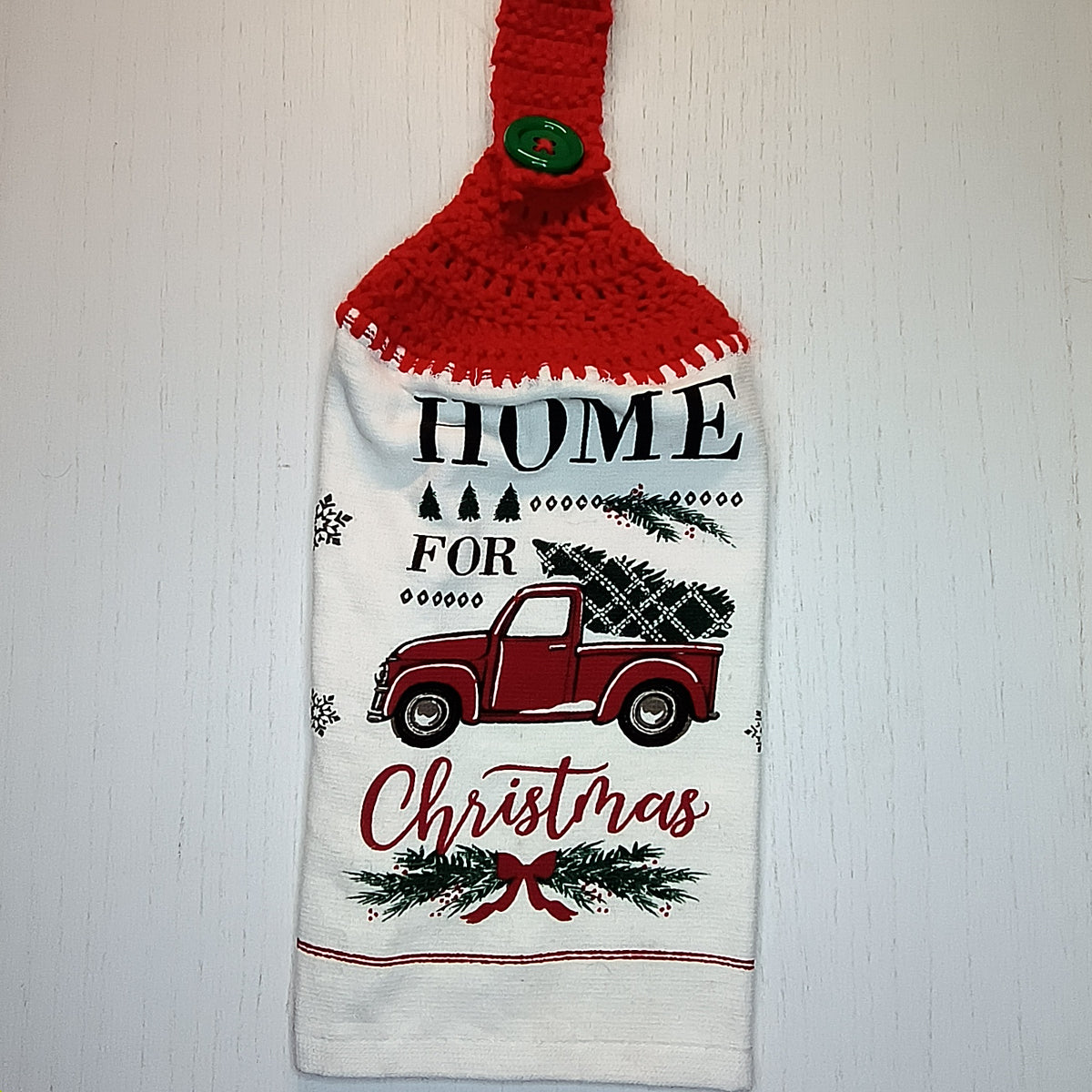 Home for Christmas Red Truck Handmade Crochet Top Hanging Kitchen Towel