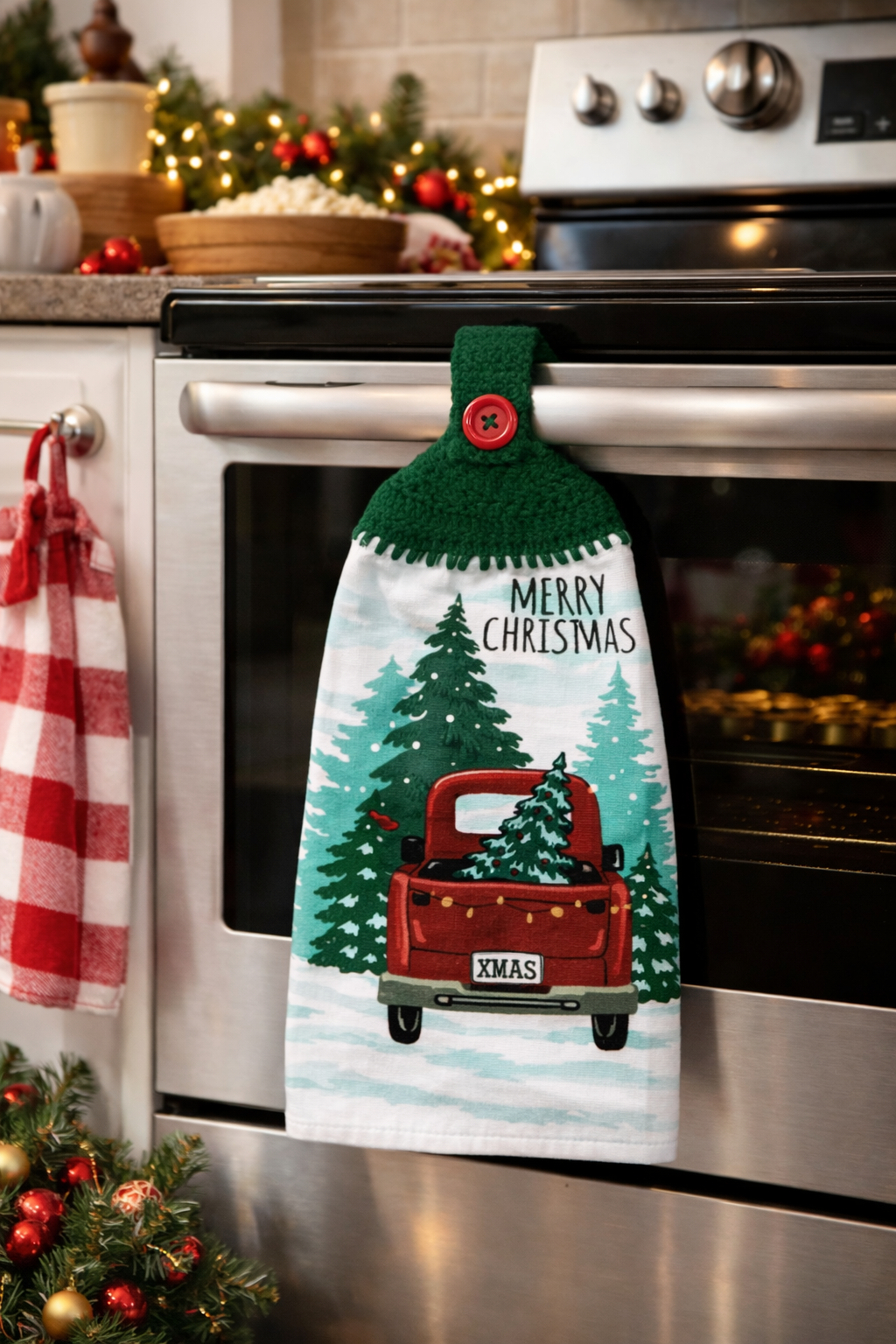 Merry Christmas Red Truck Handmade Crochet Top Hanging Kitchen Towel