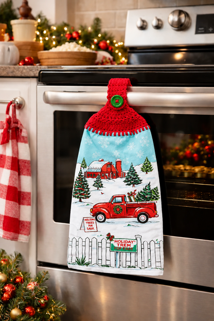 Holiday Tree Farm Red Truck Handmade Crochet Top Hanging Kitchen Towel