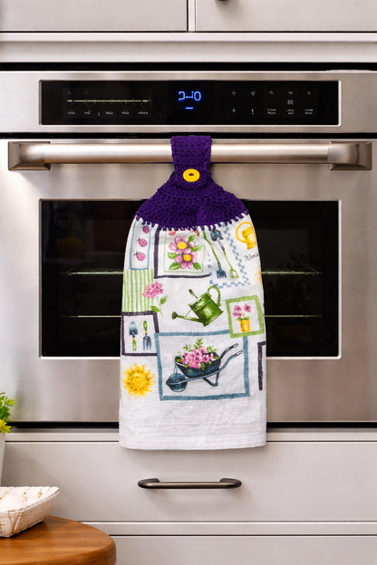 Garden Blooms Crochet Top Hanging Kitchen Towel – Purple Floral