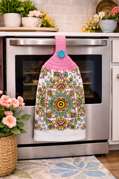 Colorful Floral Mandala Crochet Top Kitchen Towel – Handmade Half Towel