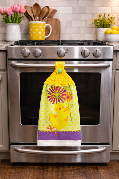 Spring Chick with Flowers Handmade Crochet Top Hanging Kitchen Towel