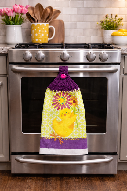 Spring Chick with Flowers Handmade Crochet Top Hanging Kitchen Towel