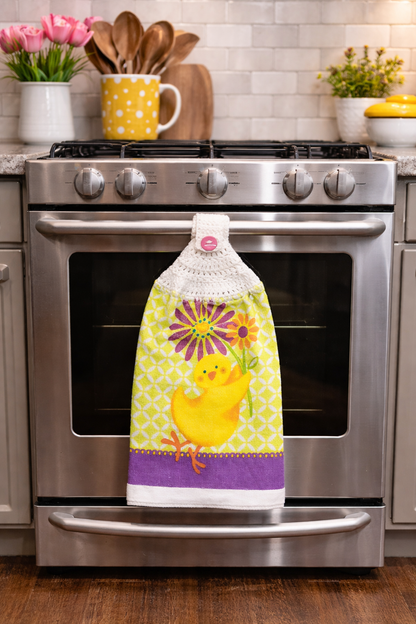 Spring Chick with Flowers Handmade Crochet Top Hanging Kitchen Towel