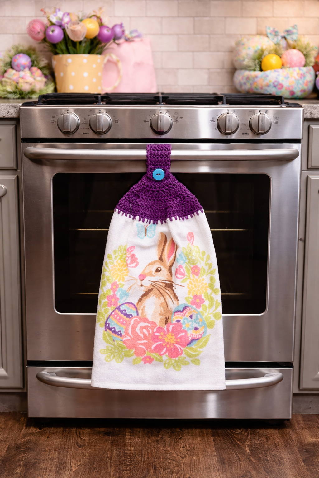 Spring Bunny & Easter Eggs Crochet Top Kitchen Towel – Handmade Half Towel