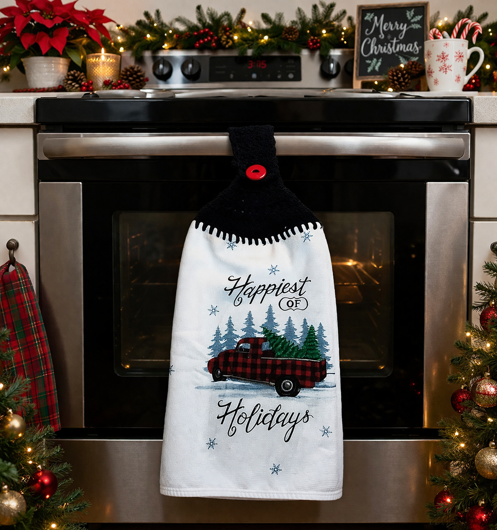 Happiest of Holidays Vintage Truck Crochet Top Kitchen Towel – Buffalo Plaid Christmas