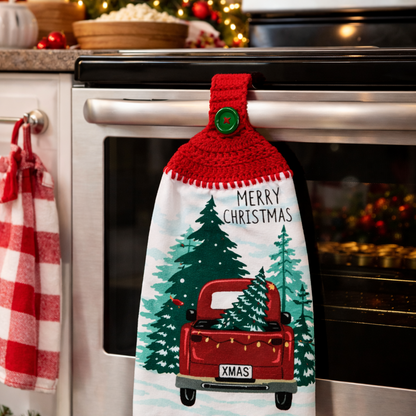 Merry Christmas Red Truck Handmade Crochet Top Hanging Kitchen Towel