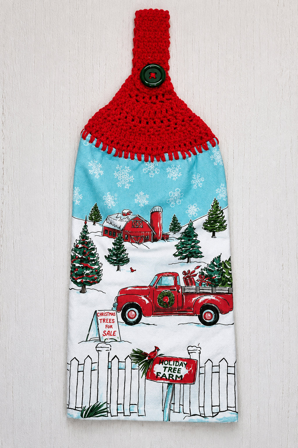 Holiday Tree Farm Red Truck Handmade Crochet Top Hanging Kitchen Towel