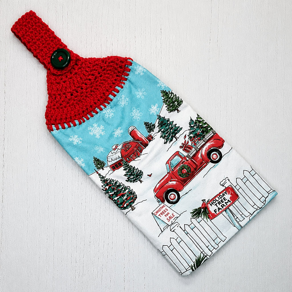 Holiday Tree Farm Red Truck Handmade Crochet Top Hanging Kitchen Towel