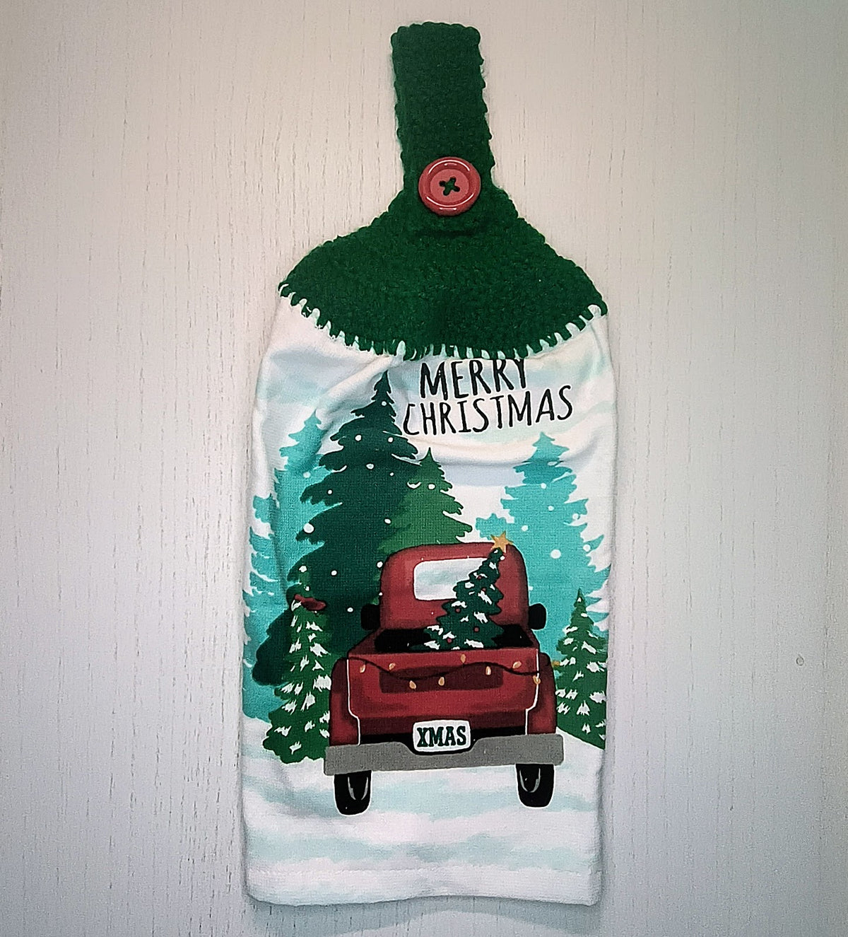 Merry Christmas Red Truck Handmade Crochet Top Hanging Kitchen Towel