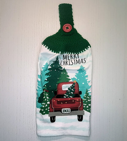 Merry Christmas Red Truck Handmade Crochet Top Hanging Kitchen Towel