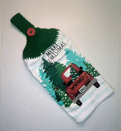 Merry Christmas Red Truck Handmade Crochet Top Hanging Kitchen Towel