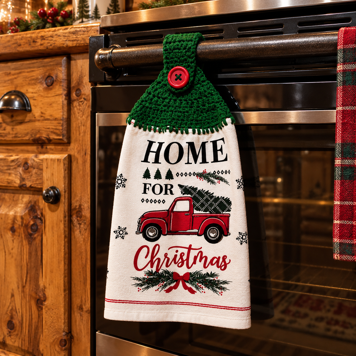 Home for Christmas Red Truck Handmade Crochet Top Hanging Kitchen Towel