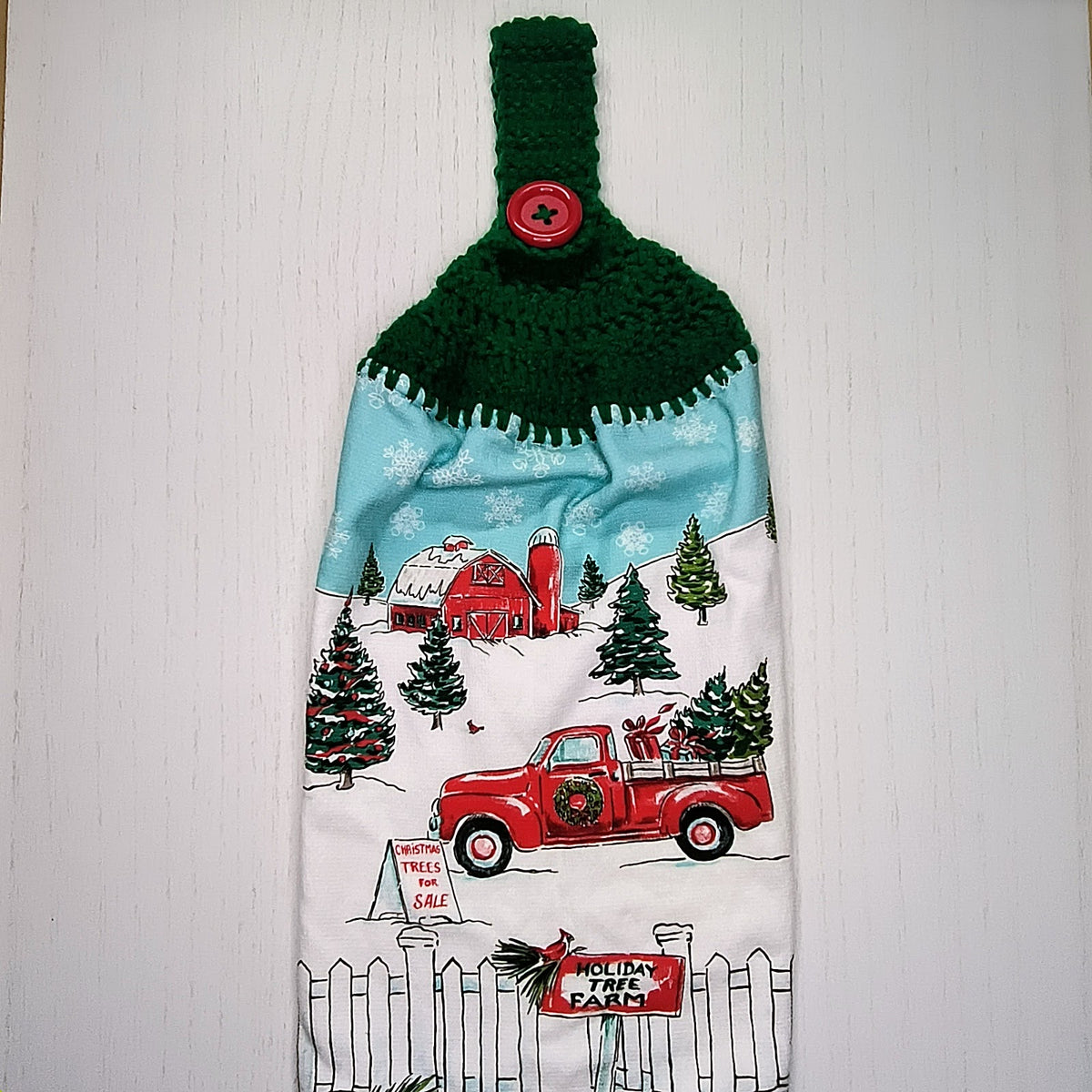 Holiday Tree Farm Red Truck Handmade Crochet Top Hanging Kitchen Towel