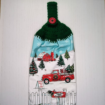 Holiday Tree Farm Red Truck Handmade Crochet Top Hanging Kitchen Towel