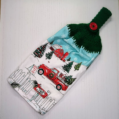 Holiday Tree Farm Red Truck Handmade Crochet Top Hanging Kitchen Towel