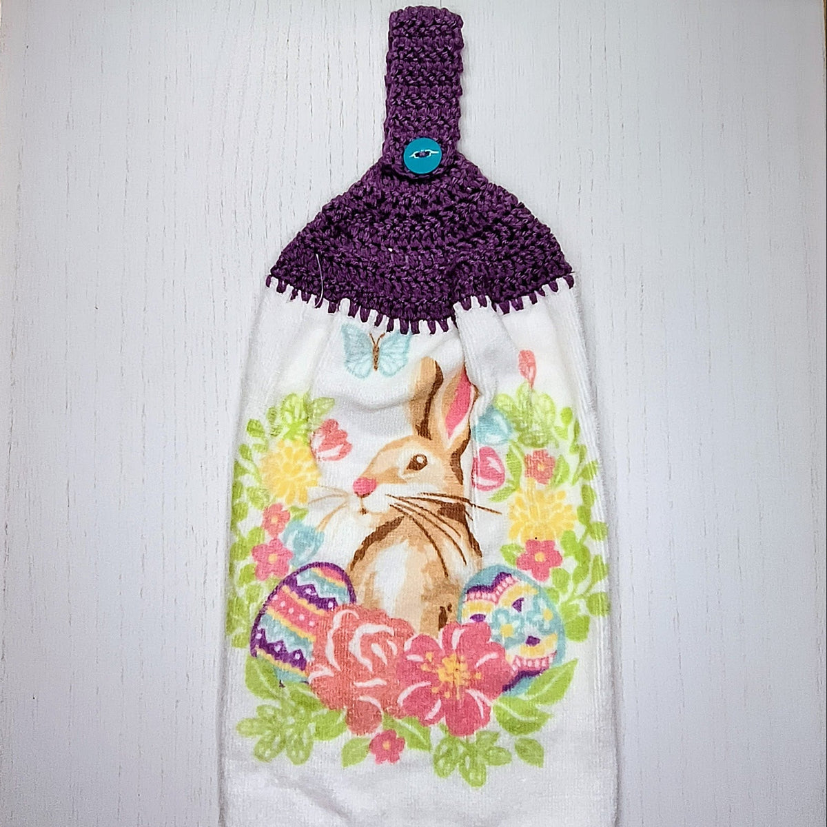 Spring Bunny & Easter Eggs Crochet Top Kitchen Towel – Handmade Half Towel