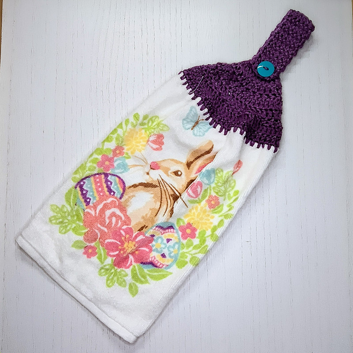 Spring Bunny & Easter Eggs Crochet Top Kitchen Towel – Handmade Half Towel