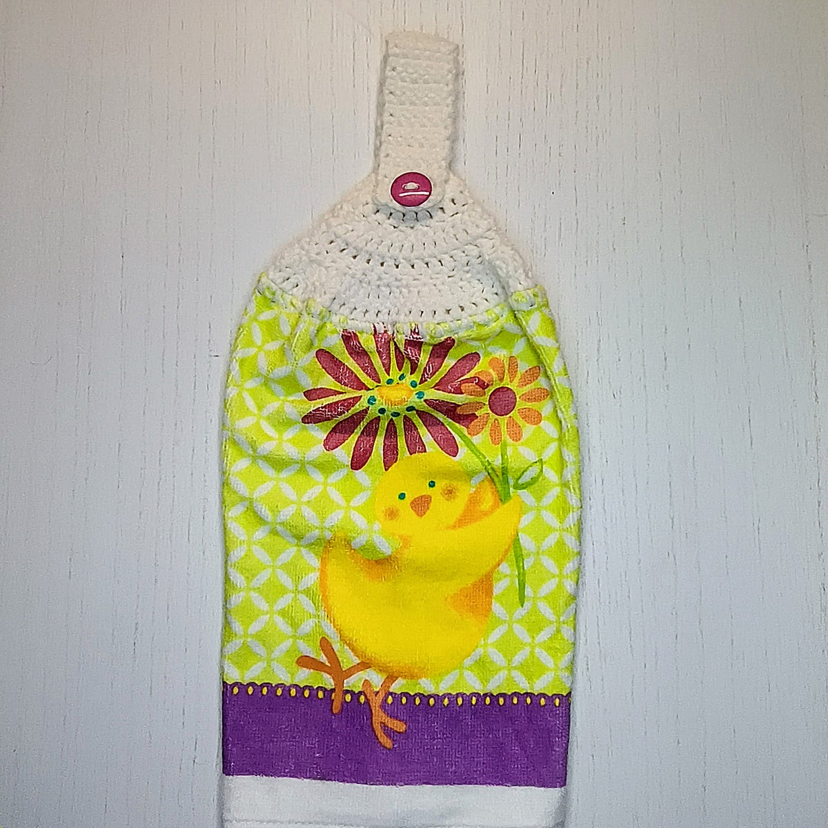 Spring Chick with Flowers Handmade Crochet Top Hanging Kitchen Towel