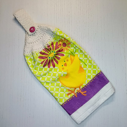Spring Chick with Flowers Handmade Crochet Top Hanging Kitchen Towel