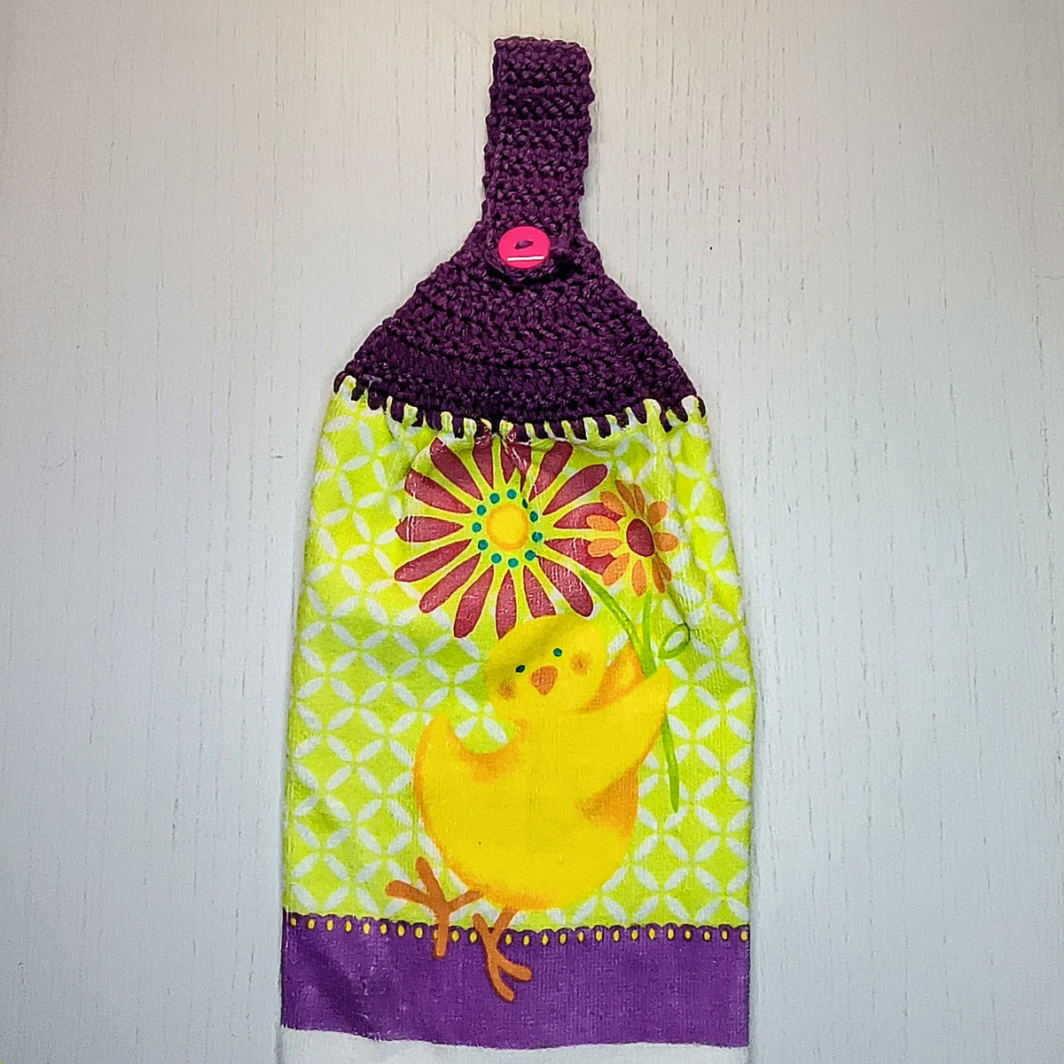 Spring Chick with Flowers Handmade Crochet Top Hanging Kitchen Towel