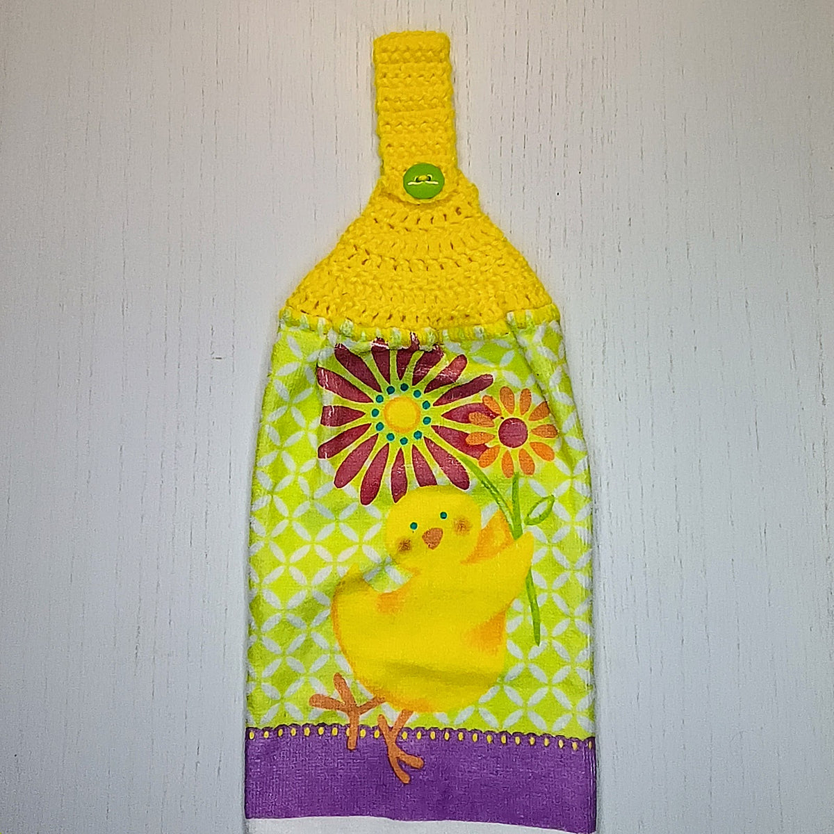 Spring Chick with Flowers Handmade Crochet Top Hanging Kitchen Towel