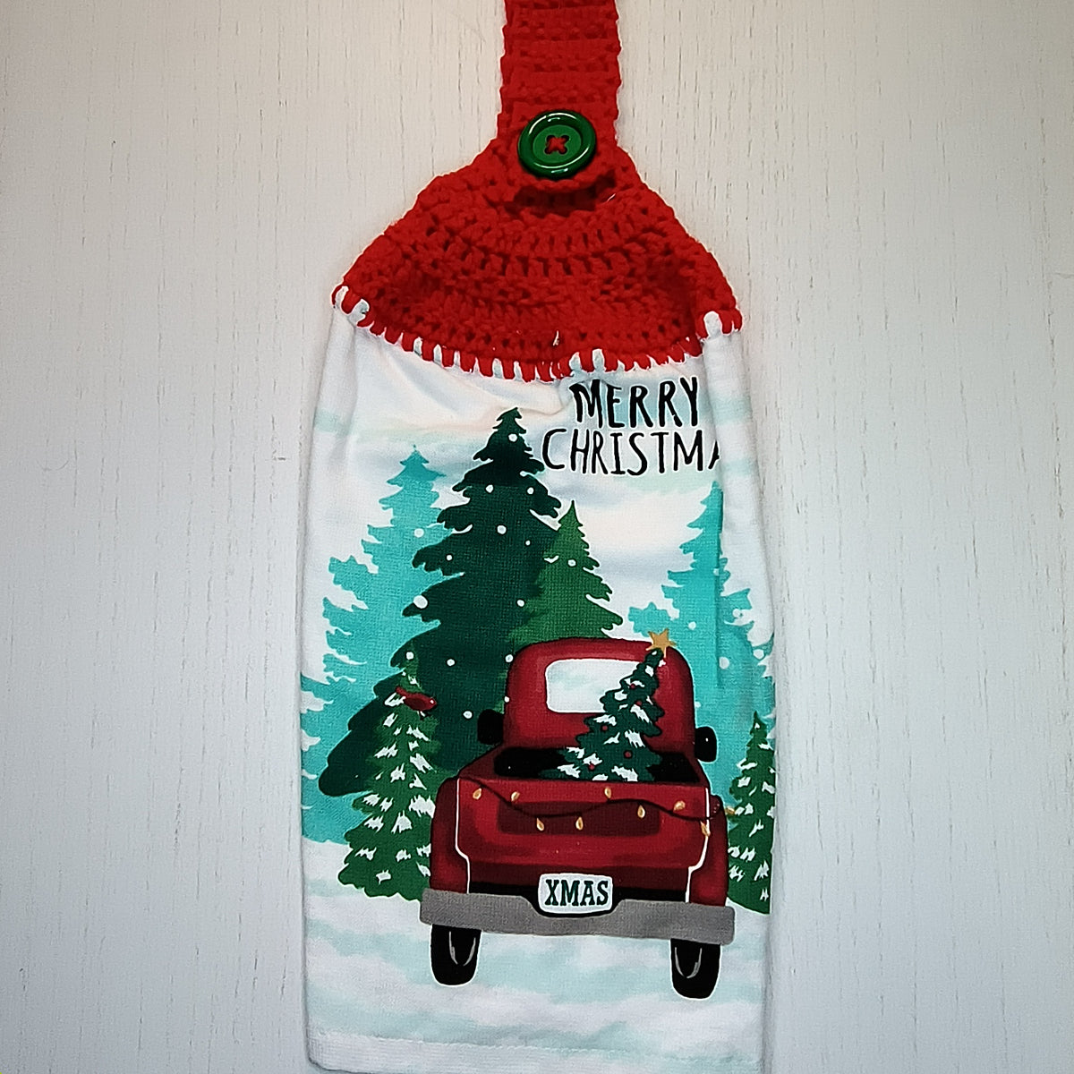 Merry Christmas Red Truck Handmade Crochet Top Hanging Kitchen Towel