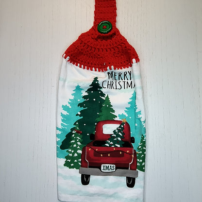 Merry Christmas Red Truck Handmade Crochet Top Hanging Kitchen Towel