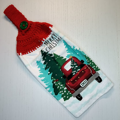 Merry Christmas Red Truck Handmade Crochet Top Hanging Kitchen Towel