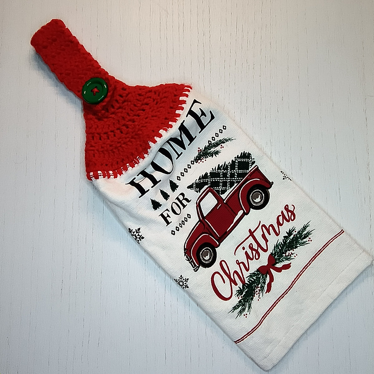 Home for Christmas Red Truck Handmade Crochet Top Hanging Kitchen Towel