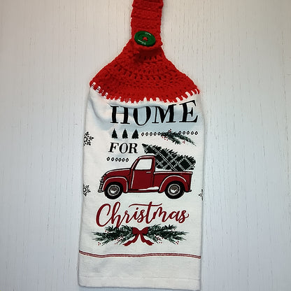 Home for Christmas Red Truck Handmade Crochet Top Hanging Kitchen Towel