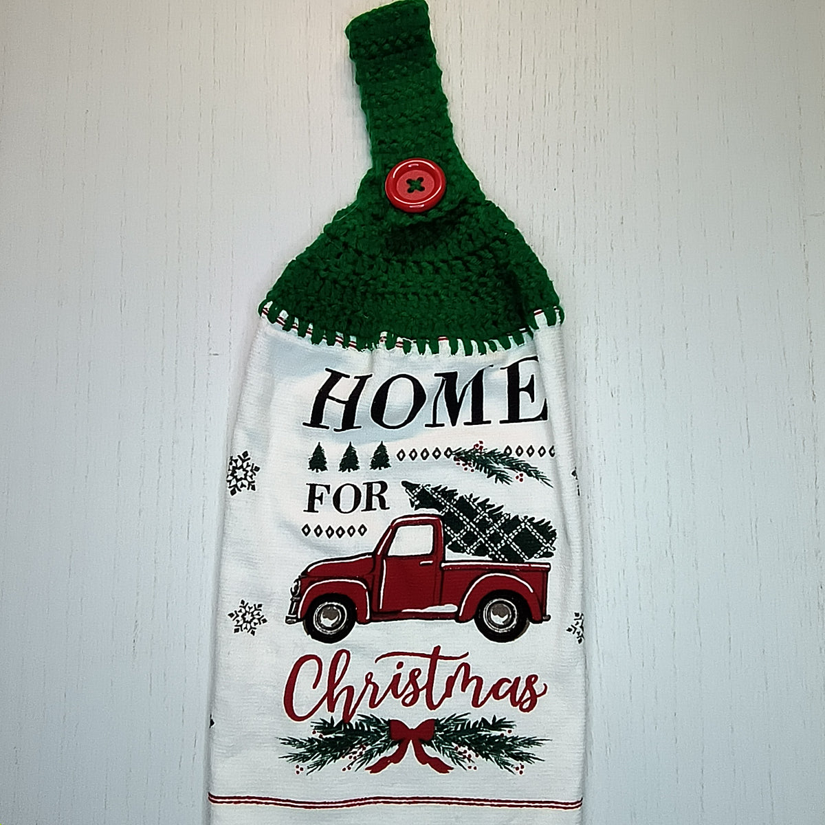 Home for Christmas Red Truck Handmade Crochet Top Hanging Kitchen Towel