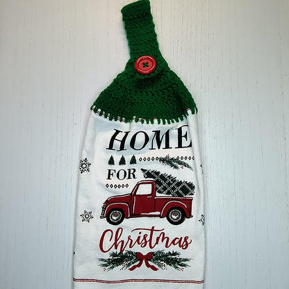 Home for Christmas Red Truck Handmade Crochet Top Hanging Kitchen Towel