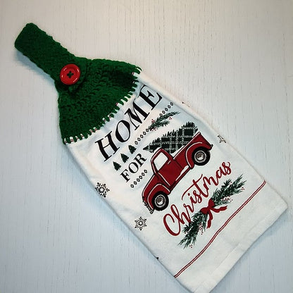 Home for Christmas Red Truck Handmade Crochet Top Hanging Kitchen Towel