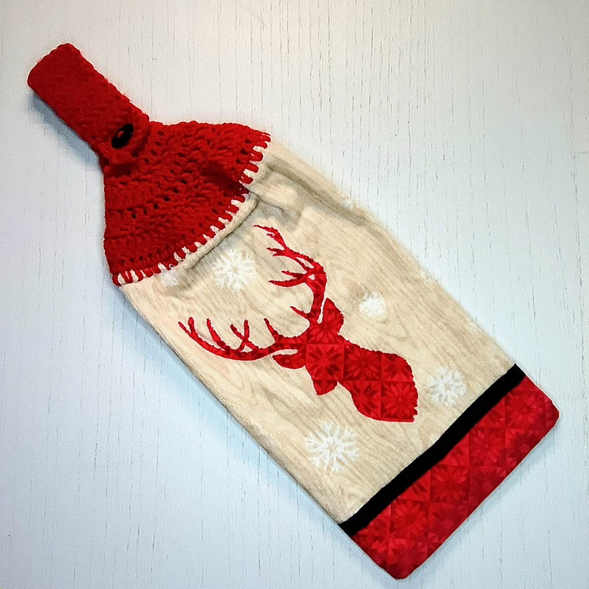 Rustic Red Deer Crochet Top Kitchen Towel – Choice of Topper Color
