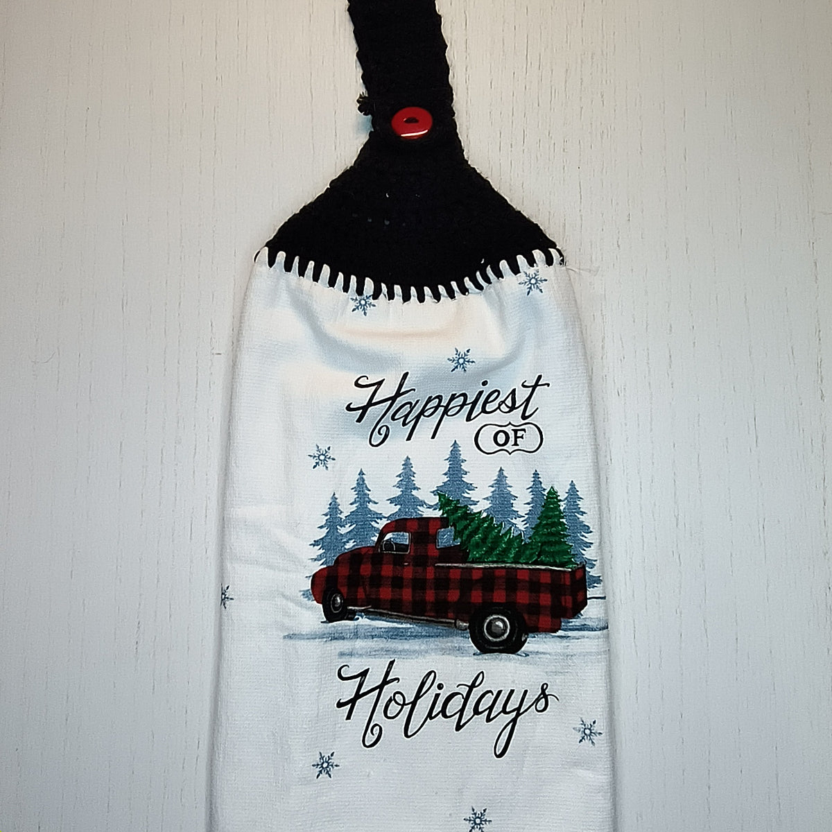 Happiest of Holidays Vintage Truck Crochet Top Kitchen Towel – Buffalo Plaid Christmas