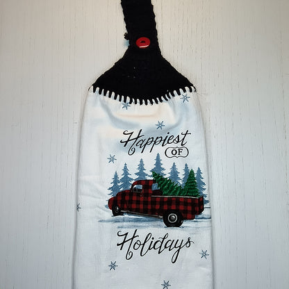 Happiest of Holidays Vintage Truck Crochet Top Kitchen Towel – Buffalo Plaid Christmas