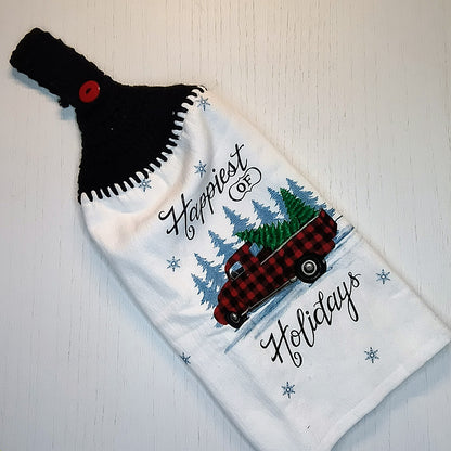 Happiest of Holidays Vintage Truck Crochet Top Kitchen Towel – Buffalo Plaid Christmas