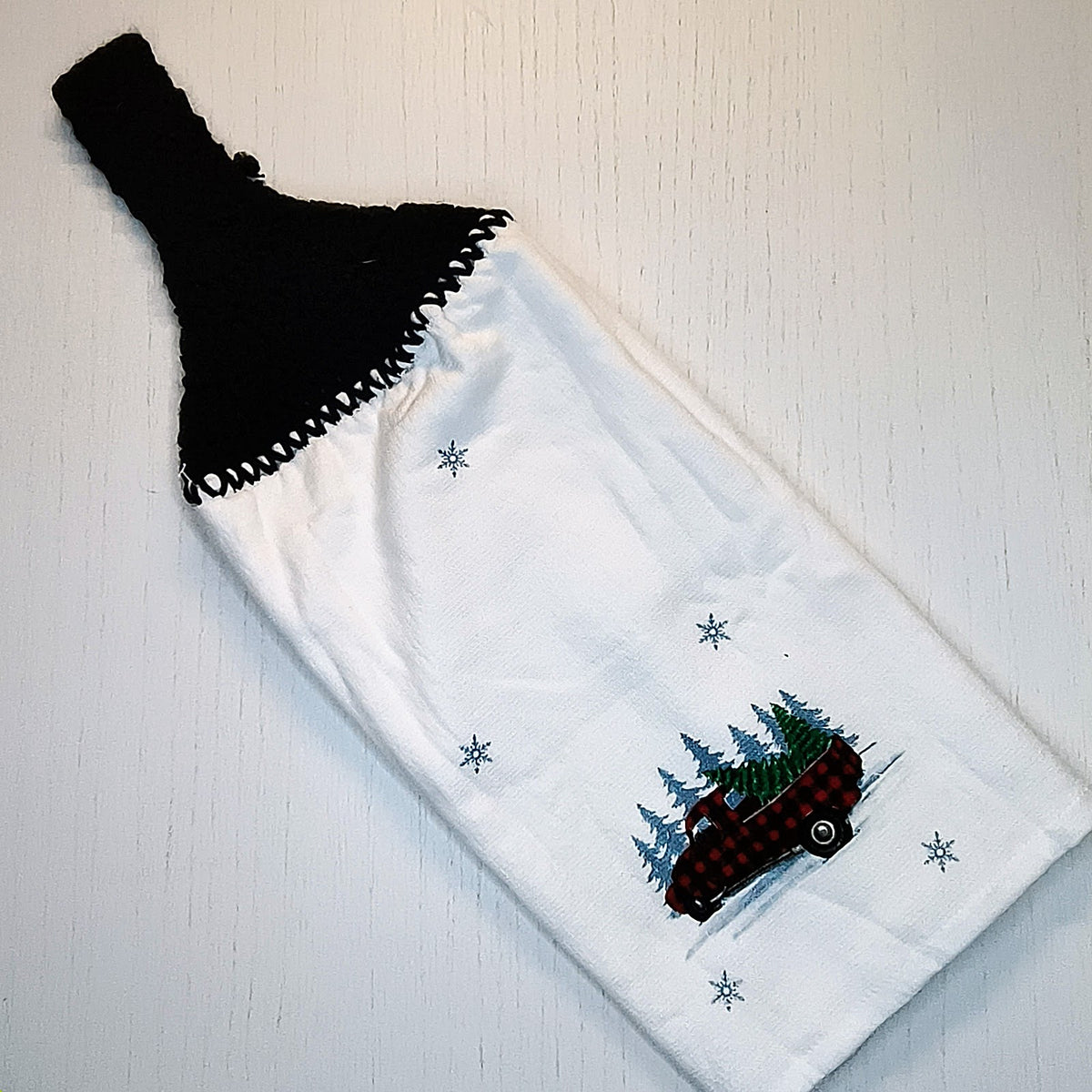 Happiest of Holidays Vintage Truck Crochet Top Kitchen Towel – Buffalo Plaid Christmas