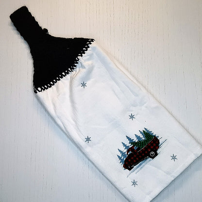 Happiest of Holidays Vintage Truck Crochet Top Kitchen Towel – Buffalo Plaid Christmas